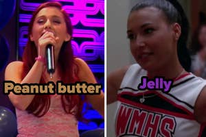 Split image: Left shows Ariana Grande singing into a microphone; right shows Naya Rivera in cheerleader outfit with "Jelly" caption