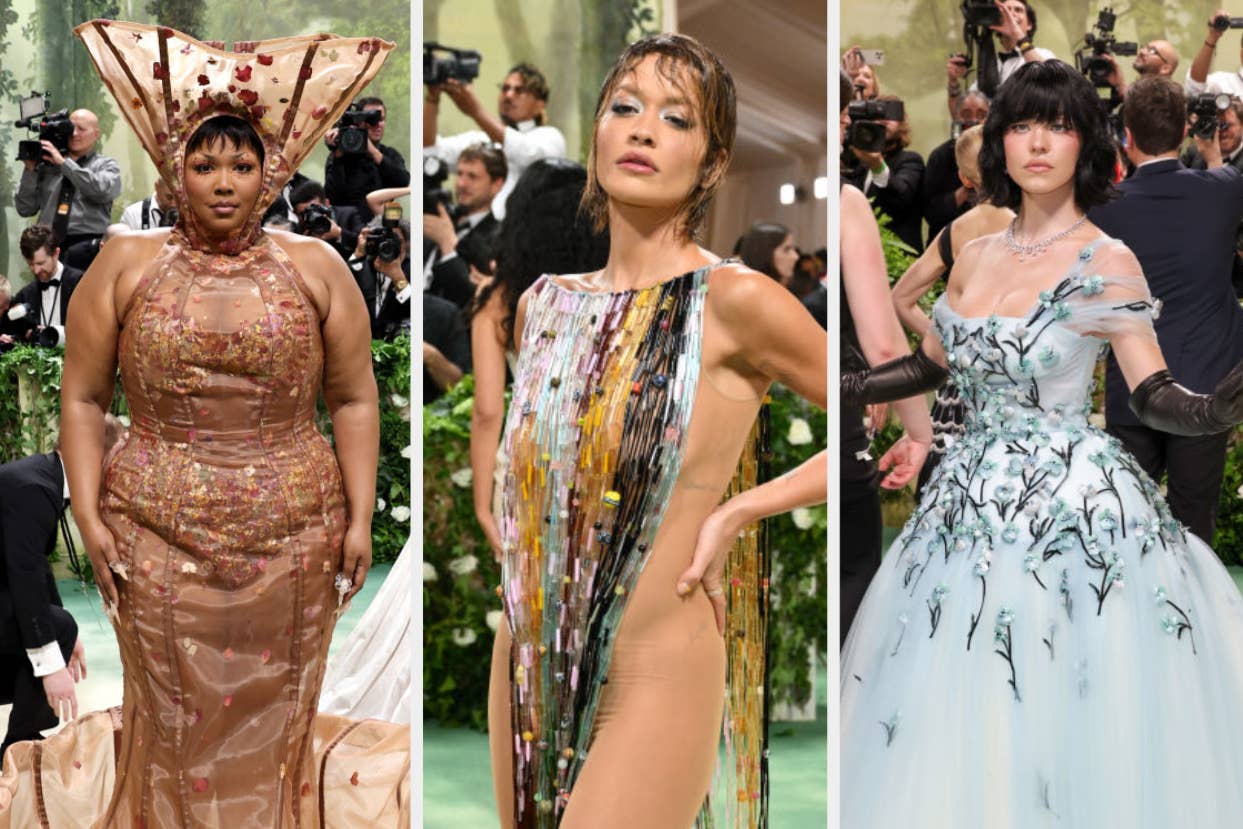 Three celebrities pose individually; each wears a unique, elaborate outfit characteristic of a high-fashion event