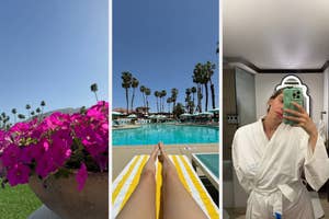 Three-panel image: Left shows vibrant flowers with palm trees behind, middle a person relaxing by a pool with palms, right is a selfie of a person in a bathrobe
