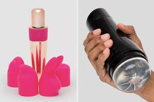 A variety of beauty blenders in unique shapes and a hand holding a makeup applicator