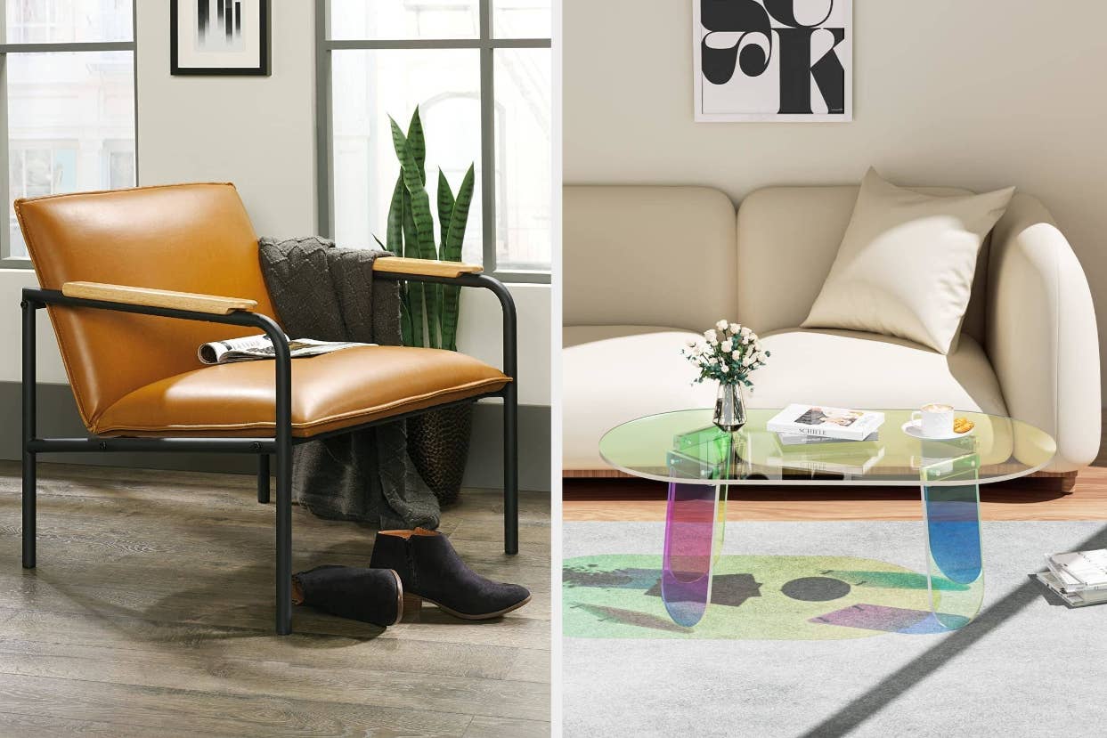 Two modern living room chairs suitable for a shopping article; one leather with a throw blanket, the other a minimalist cream design