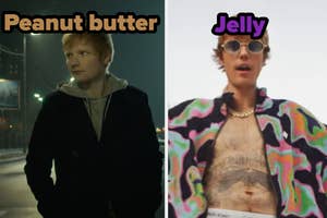 Image of Ed Sheeran and Justin Bieber stylized as 'Peanut butter' and 'Jelly' respectively