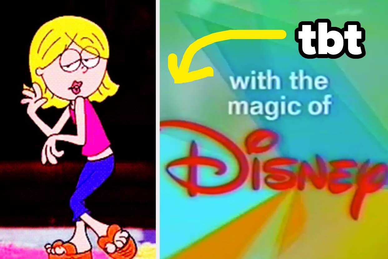 Lizzie McGuire cartoon character on the left, Disney logo with the slogan on the right