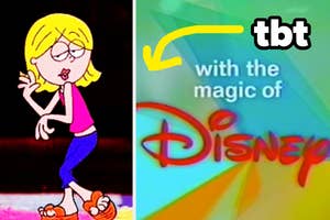 Lizzie McGuire cartoon character on the left, Disney logo with the slogan on the right