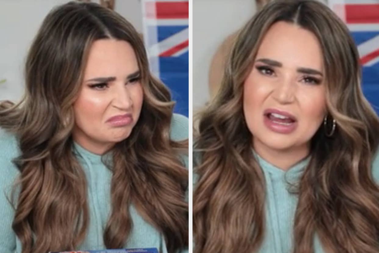 Two split-screen expressions of a woman, left displeased and right speaking, with a UK flag background