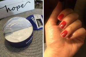 Hand displaying freshly applied red nail polish, next to a container of Nivea Creme