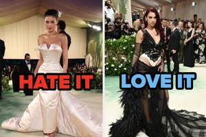Two women at events in contrasting dresses with superimposed text 'HATE IT' on left, 'LOVE IT' on right