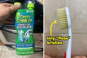 Left image: Bottle of Green Gobbler Drain Clog Dissolver; Right image: Hand holding a flossing toothbrush