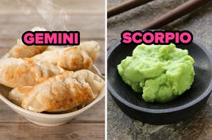 Two dishes representing Gemini and Scorpio zodiac signs with respective labels