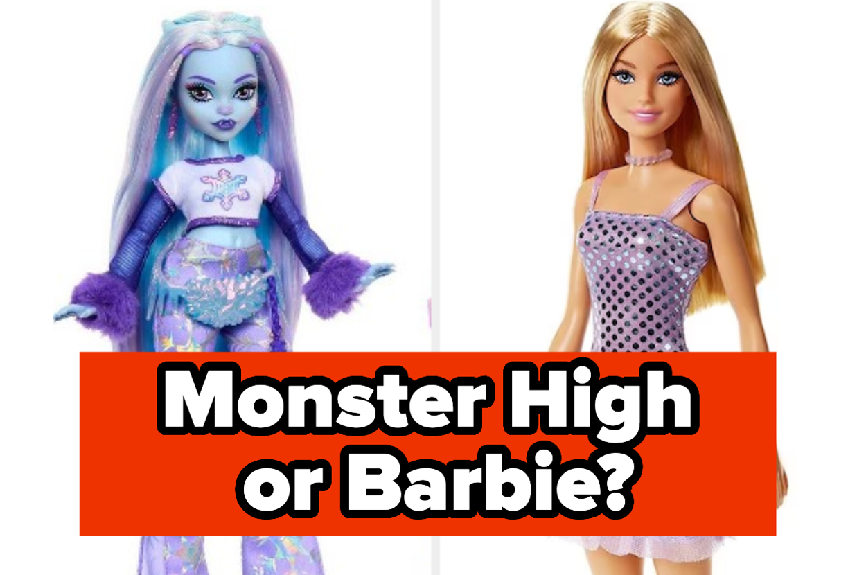 Two dolls, one from Monster High with mermaid attire, one Barbie in a polka dot dress, with text "Monster High or Barbie?"