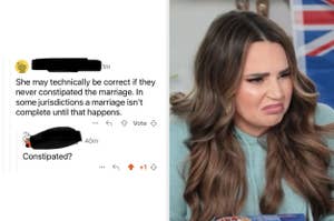 A Reddit comment that misspells "consummated the marriage" as "constipated the marriage"