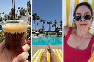 A person's perspective sitting poolside with their legs in view, a hotel branded coffee cup, and a selfie with sunglasses