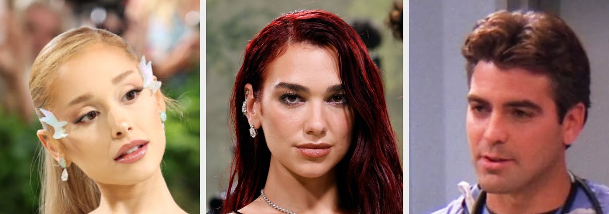Three side-by-side photos: Ariana Grande with butterfly face art, Dua Lipa wearing a sparkly top, and a man in a doctor's outfit from a TV show