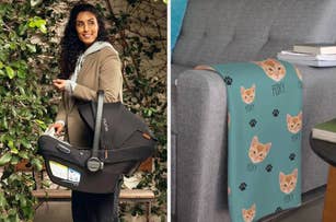 reviewer holding a black car seat / a blue blanket with an orange cat's face on the arm of a couch