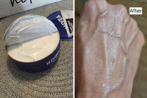 Open jar of moisturizer and a close-up of a moisturized hand, implying skin care product efficacy