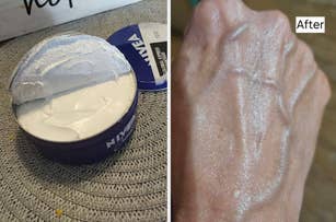 Open jar of moisturizer and a close-up of a moisturized hand, implying skin care product efficacy