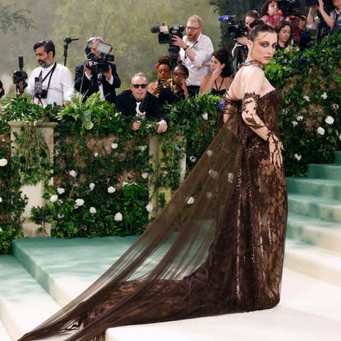 Emma Chamberlain in elegant sheer gown with lace detailing