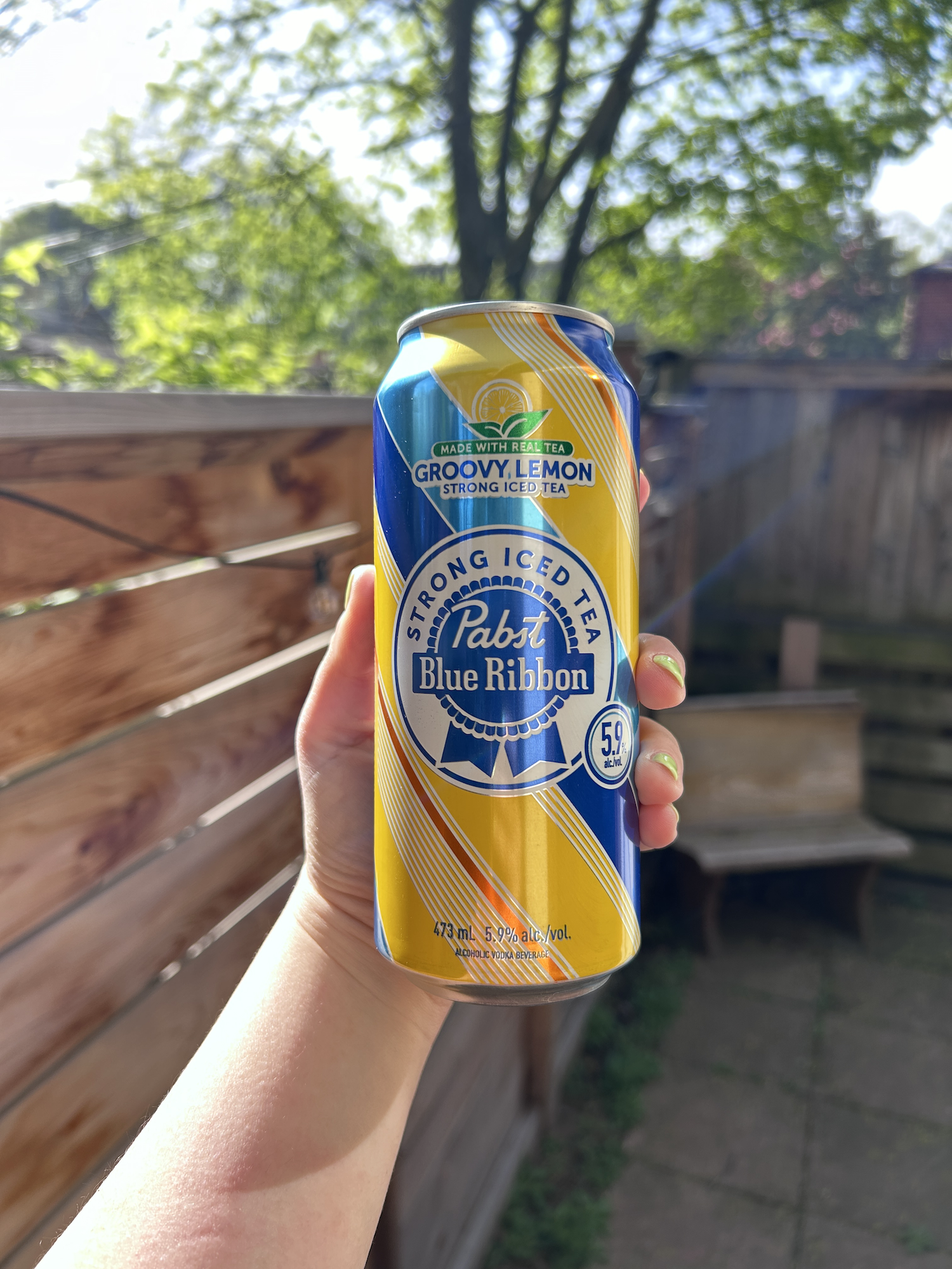 A hand holds a can of Pabst Blue Ribbon Strong Iced Tea against a garden backdrop