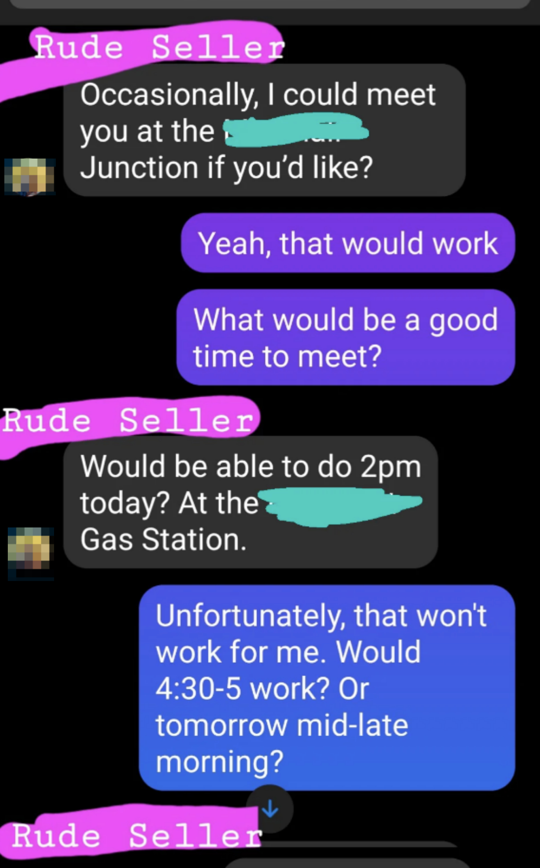 Text message conversation with declining offers and suggesting alternative meeting times