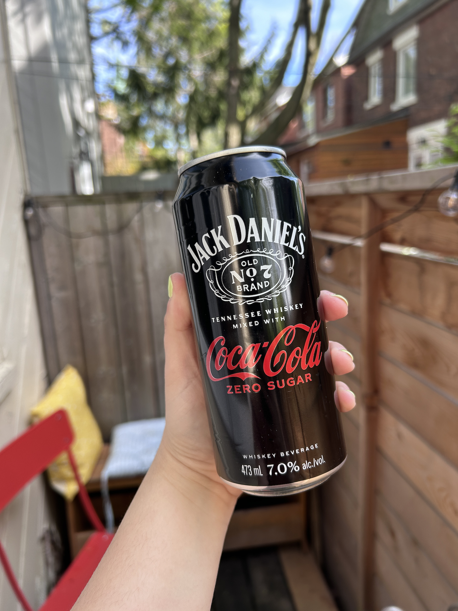 Hand holding a can of Jack Daniel's & Coca-Cola Zero Sugar against a blurred outdoor background