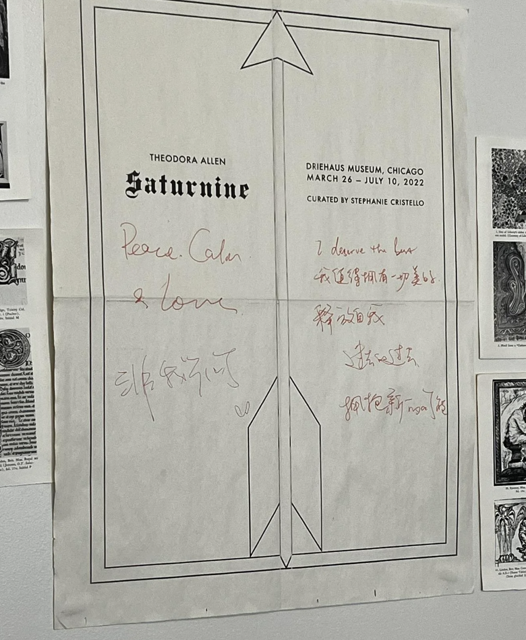 Poster of Theodora Allen&#x27;s &#x27;Saturnine&#x27; exhibition with signatures and an arrow illustration. Text details dates and museum location