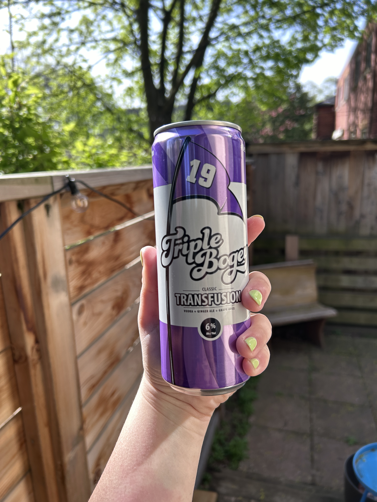 Person holding a can of 19th Hole Bogey Transfusion grape and ginger ale flavored drink outdoors