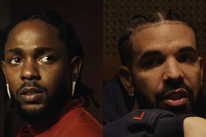 Kendrick Lamar and Drake, side-by-side, with serious expressions, in a split-screen image for an article in Music