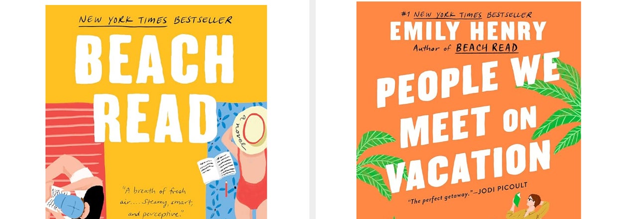Two book covers side by side, "Beach Read" and "People We Meet on Vacation" by Emily Henry with illustrated characters lounging