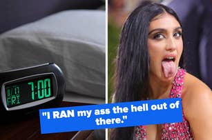 Person sticking out tongue, wearing patterned outfit. Digital clock shows 7:00. Text: humorous escape quote