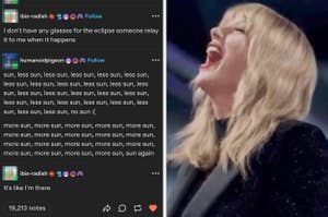 A Tumblr user humorously describing the solar eclipse next to Taylor Swift lauging