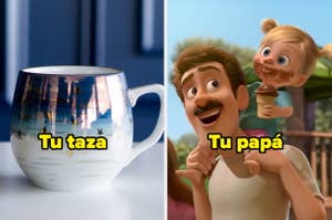 Montaje con dos imágenes: una taza a la izquierda y un personaje animado con su hija a la derecha