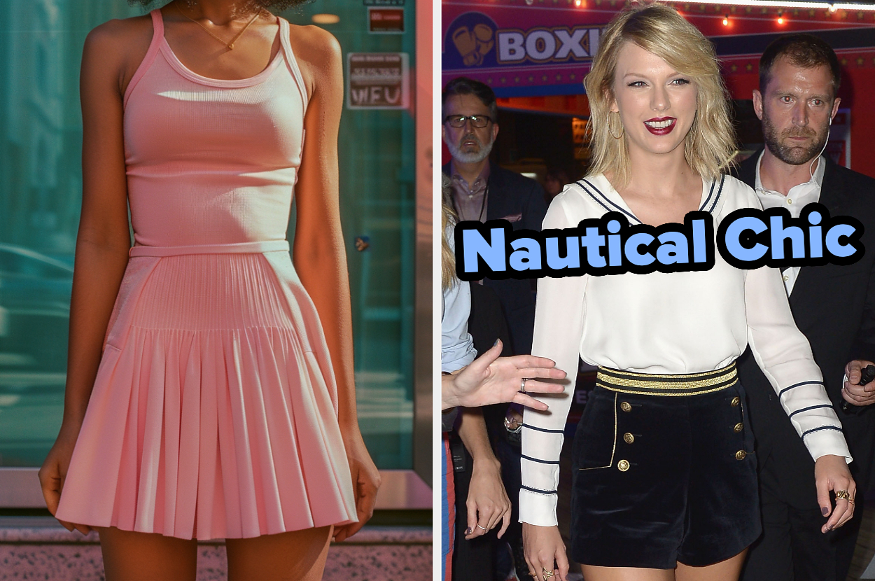 On the left, someone in a pleated dress, and on the right, Taylor Swift walks in a sweater and high waisted shorts labeled Nautical Chic