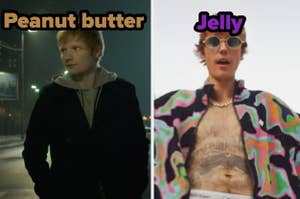 Image of Ed Sheeran and Justin Bieber stylized as 'Peanut butter' and 'Jelly' respectively