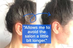 Side-by-side comparison of a woman's hair before and after using a product, with a quote about salon visits