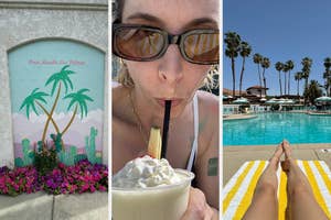 A triptych of a resort: mural with palms, person sipping a drink, and legs by a poolside