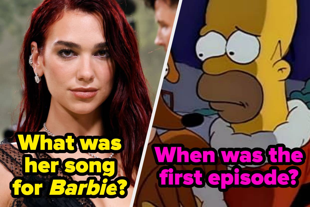 Split image: Left, woman in black dress; right, Homer Simpson. Text asks about a song and a show's first episode