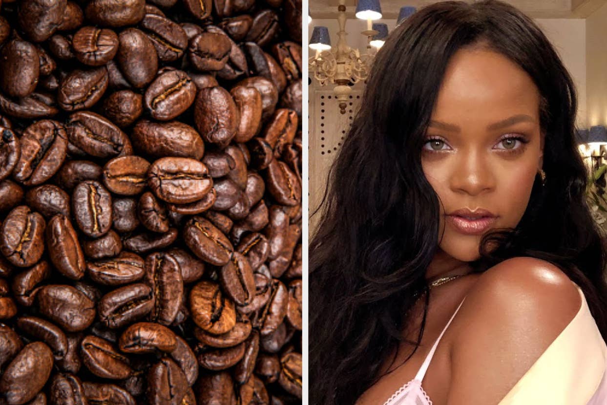 Close-up of coffee beans; adjacent, a woman glancing over shoulder