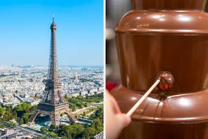 Left: Aerial view of the Eiffel Tower with surrounding cityscape. Right: Close-up of a chocolate fountain with a strawberry being dipped