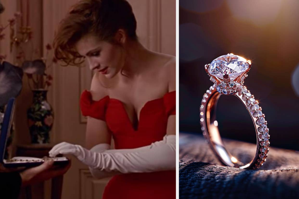 A woman in a red off-shoulder gown examines a jewel; next to an elegant ring with a large gemstone on a fabric surface