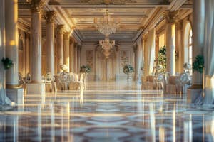 Opulent ballroom with ornate chandeliers, long tables set for an event, and elaborate ceiling designs