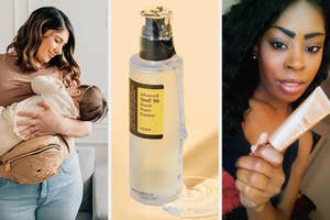 A mother cradling a baby, a bottle of COSRX snail mucin essence, a woman holding a tube of skincare product