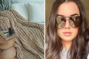 brown chunky knit chenille blanket on sofa / reviewer in stylish square sunglasses