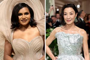 Mindy Kaling in a strapless gown and Michelle Yeoh in a textured dress at an event