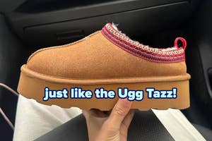 Person holding a shoe similar to Ugg Tazz with visible stitching detail