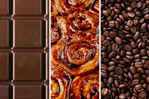 Three panels showing close-ups of a chocolate bar, cinnamon rolls, and coffee beans