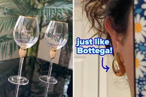 bejeweled wine glasses and reviewer wearing gold teardrop earrings