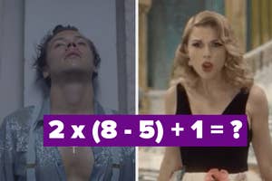 Split image: left side shows character Betty Cooper, right displays a math problem "2x (8 - 5) + 1 = ?"