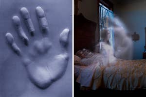 Imprint of a hand and a blurred figure rising from a bed with two people remaining asleep