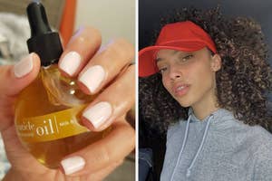 Woman holding cuticle oil next to her manicured nails, selfie of a person in a red cap and hoodie