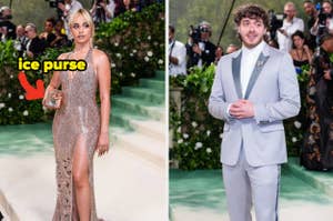 Camila Cabello with a sparkly dress and ice purse, Jack Harlow in a light suit